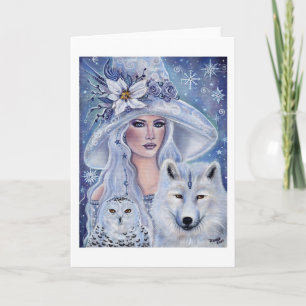 White witch with wolf and owl art by Renee Lavoie Holiday Card
