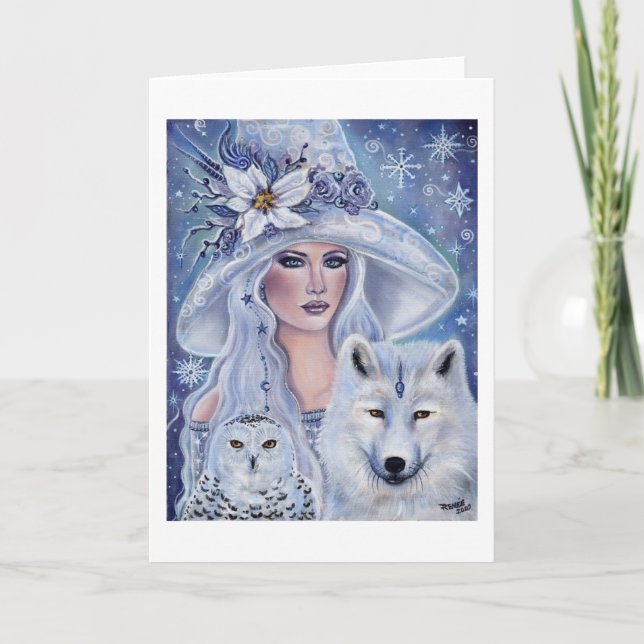 White witch with wolf and owl art by Renee Lavoie Holiday Card (Front)