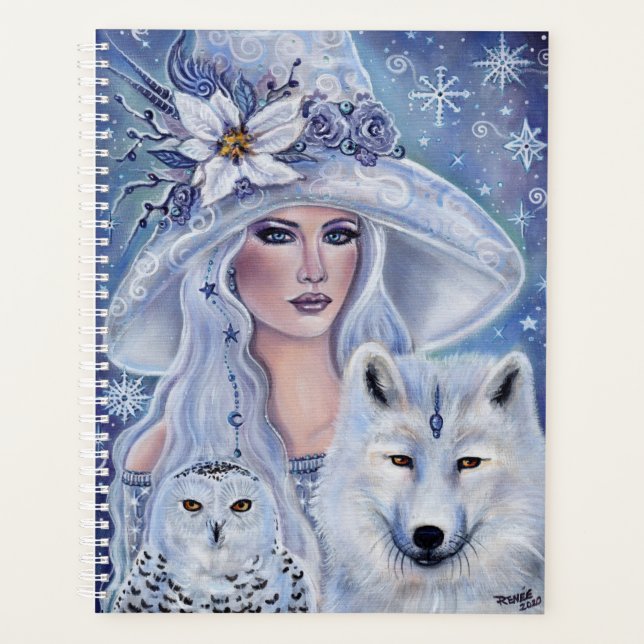 White witch with wolf and owl art by Renee Lavoie Planner (Front)