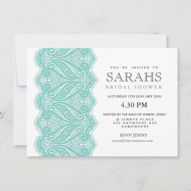 White with Aqua Lace Bridal Shower Party Invite (Front)