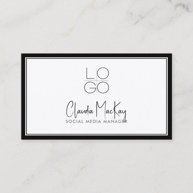 White with Black Border, Key Line Script 3 QR code Business Card (Front)