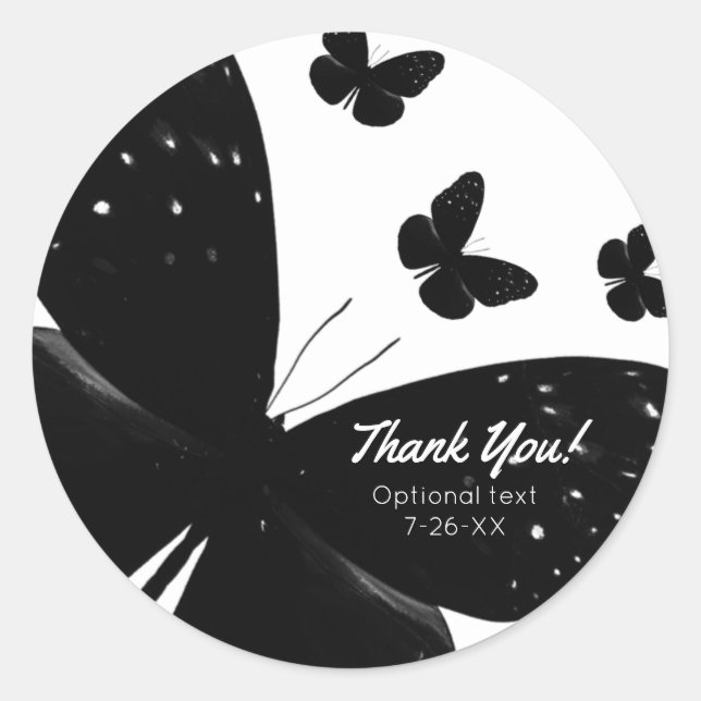 White with Black Butterflies Party Custom Favour Classic Round Sticker (Front)