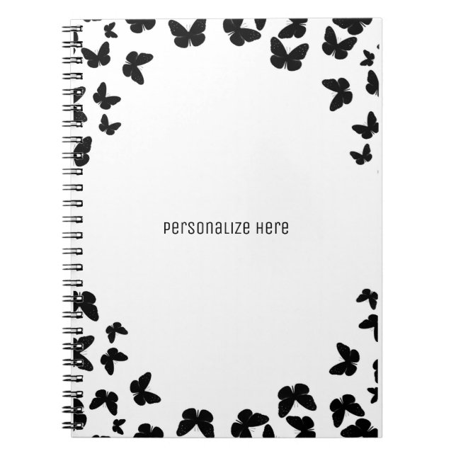 White with Black Butterflies Personalized Custom Notebook (Front)