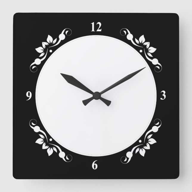 White with Black Decorative Face Personalize Art Square Wall Clock (Front)