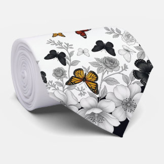 White with Black Floral and butterflies Tie