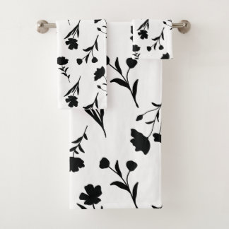 White With Black Flowers Pattern Bath Towel Set