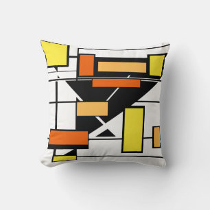 White with Black Yellow Orange Geometric Shapes Throw Pillow