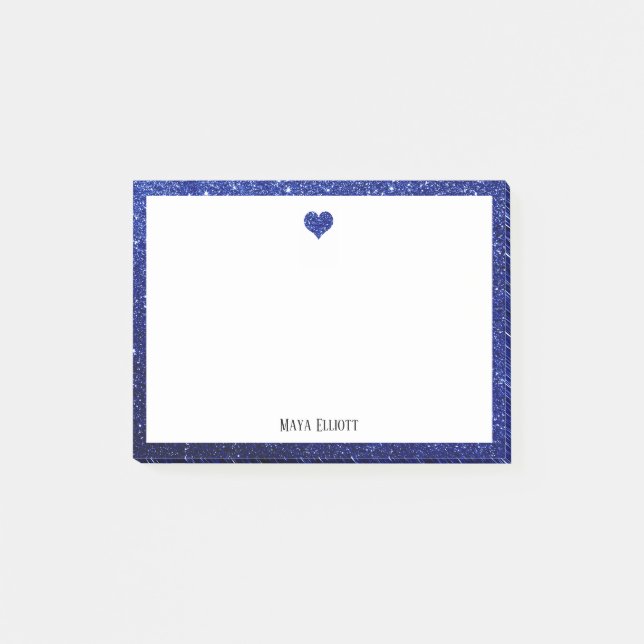 White with Blue Glitter Heart & Border w/ Name Post-it Notes (Front)