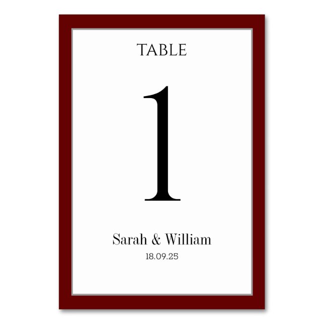 White With Burgundy Red Border Wedding Table Number (Back)