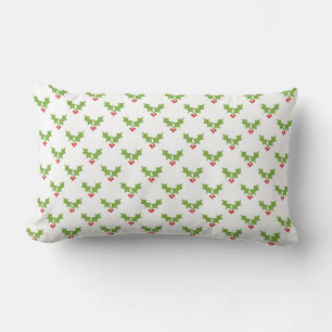 WHITE WITH CHRISTMAS GREEN & RED HOLLY BERRY LEAVE LUMBAR PILLOW
