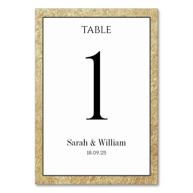 White With Crinkled Gold Border Wedding Table Number (Back)