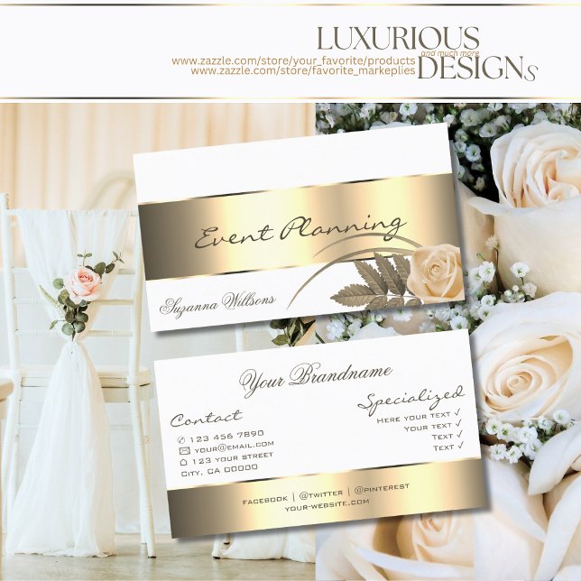 White with Gold Decor and Cute Rose Flower Modern Business Card (Creator Uploaded)