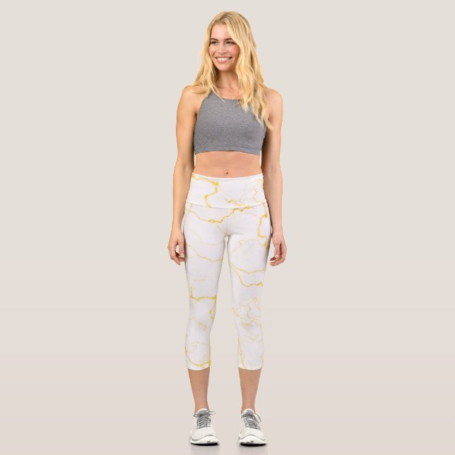 White with gold foil marble pattern capri leggings (Front)