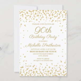 White with Gold Glitter 90th Birthday Party Invitation