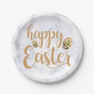 White with Gold Glitter Happy Easter   Elegant Paper Plate