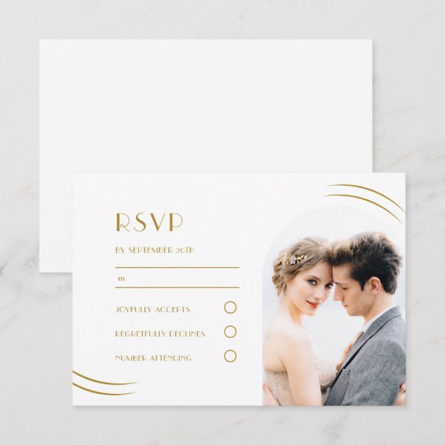 White with Golden Wisps Photo Wedding RSVP Card (Front/Back)