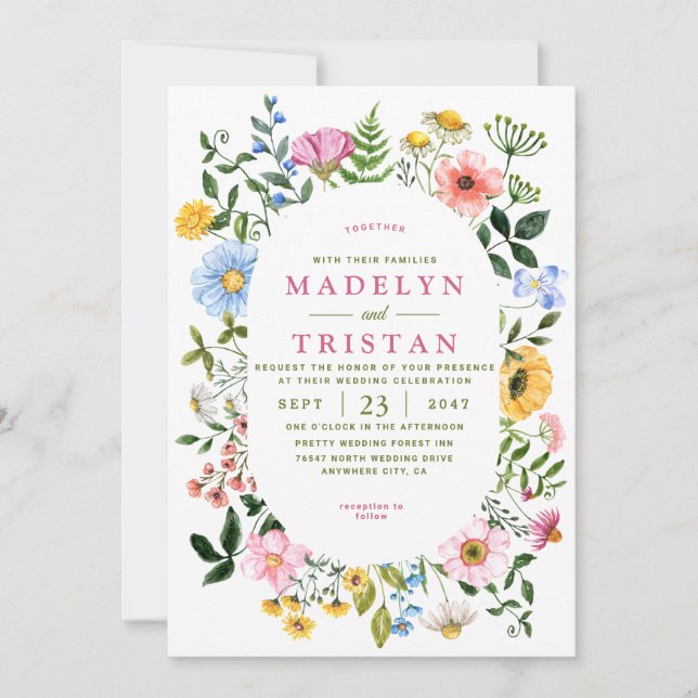 White with Green Floral Minimalist photo Wedding Invitation (Front)