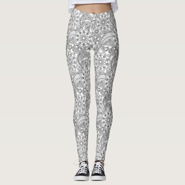 White with Light Grey Floral Lace Pattern Leggings (Front)