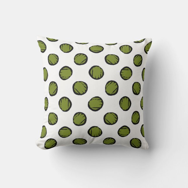 White with Moss Green Circles / Dots Throw Pillow (Front)