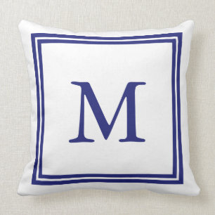 White with Nautical Blue Double Frame Monogram Throw Pillow