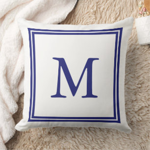 White with Nautical Blue Double Frame Monogram Throw Pillow