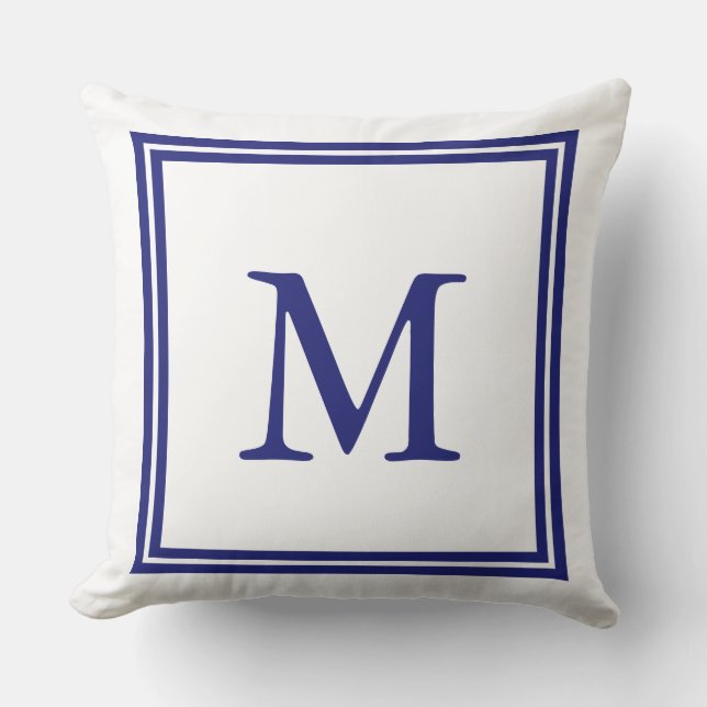 White with Nautical Blue Double Frame Monogram Throw Pillow (Front)