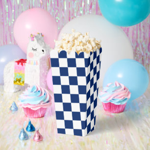 White with Navy Blue Square Pattern Popcorn Favor Box