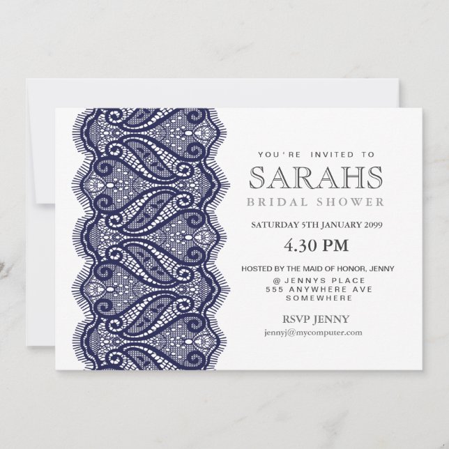 White with Navy Lace Bridal Shower Party Invite (Front)