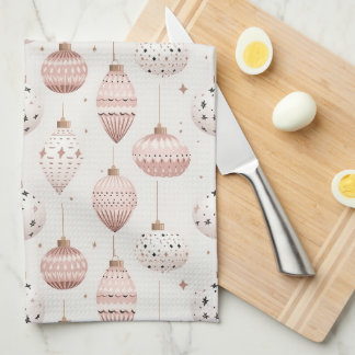 WHITE WITH PASTEL PINK & WHITE ORNAMENTS KITCHEN TOWEL