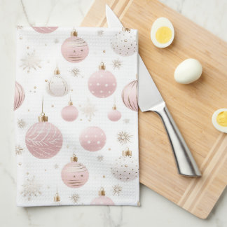 WHITE WITH PASTEL PINK & WHITE ORNAMENTS KITCHEN TOWEL