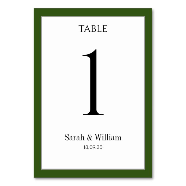 White With Pine Forest Green Border Wedding Table Number (Back)