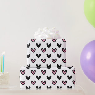 White with Pink & Black Hearts Wrapping Paper