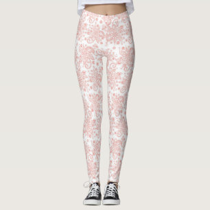 White with Pink Floral Lace Pattern Leggings