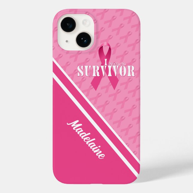 White with Pink Ribbon Cancer Survivor Case-Mate iPhone Case (Back)