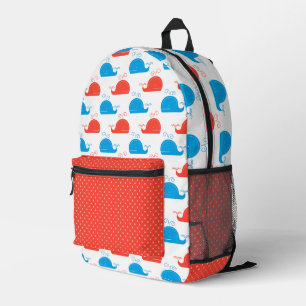 WHITE WITH RED & BLUE ROWS OF CUTE WHALES PRINTED BACKPACK