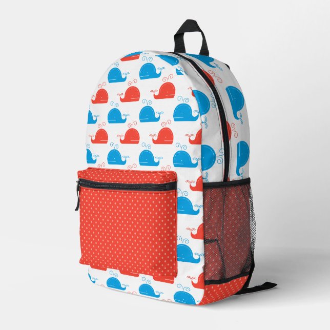 WHITE WITH RED & BLUE ROWS OF CUTE WHALES PRINTED BACKPACK (Back Corner Right)