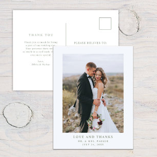 White with Sage Text and Photo   Wedding Thank You Postcard