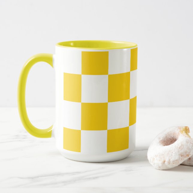 White with Yellow Square Pattern 15 oz Combo Mug (With Donut)