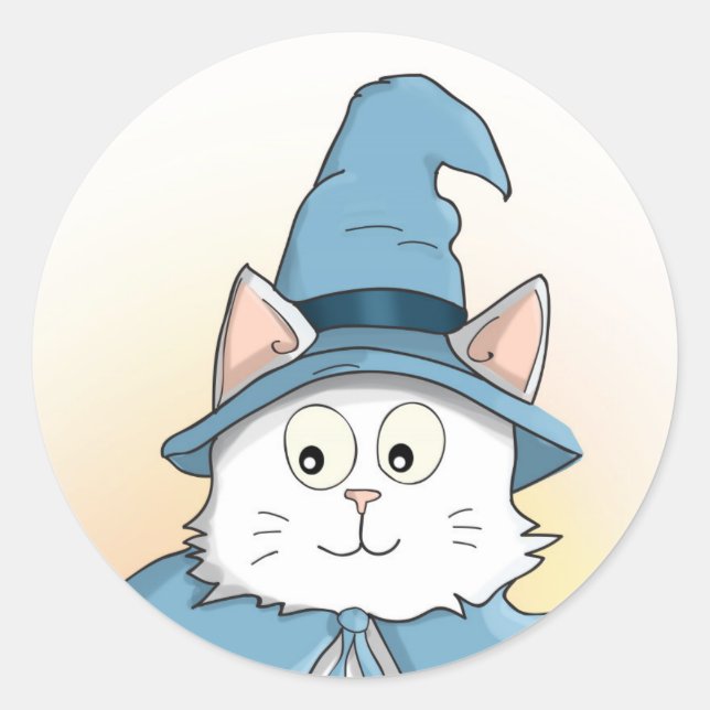 White Wizard Cat Cartoon Classic Round Sticker (Front)