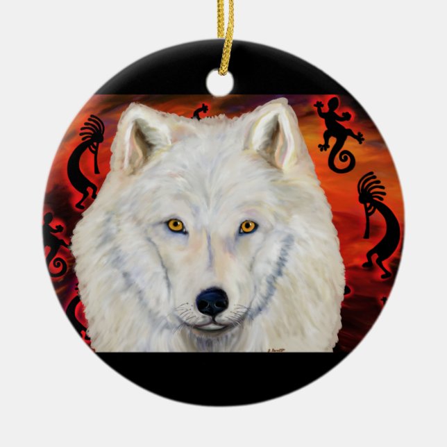 White Wolf Ceramic Ornament (Front)