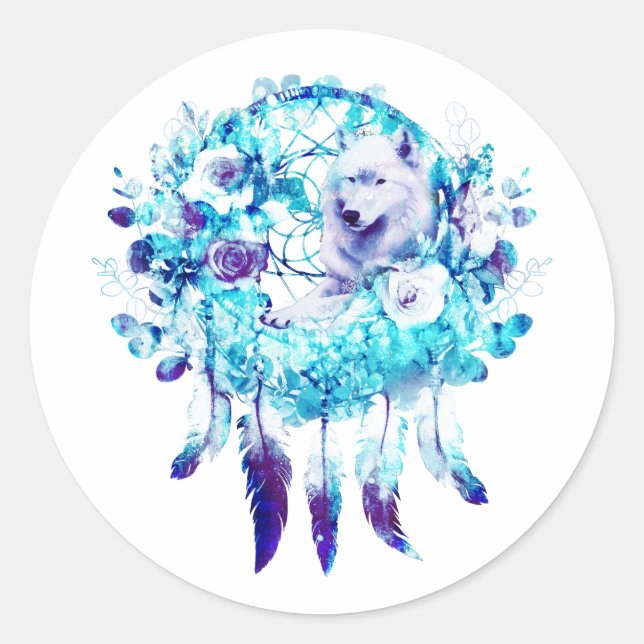 White Wolf Dreamcatcher Purple Blue Floral Classic Round Sticker (Front)