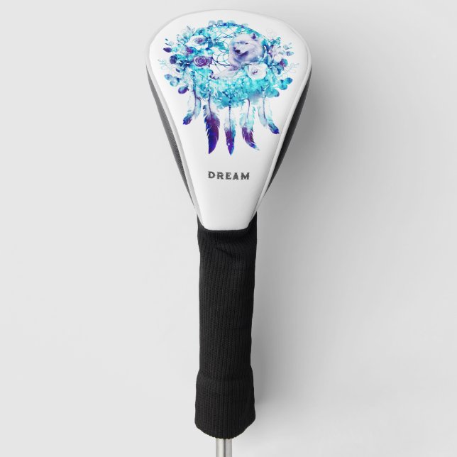 White Wolf Dreamcatcher Purple Blue Floral Golf Head Cover (Front)