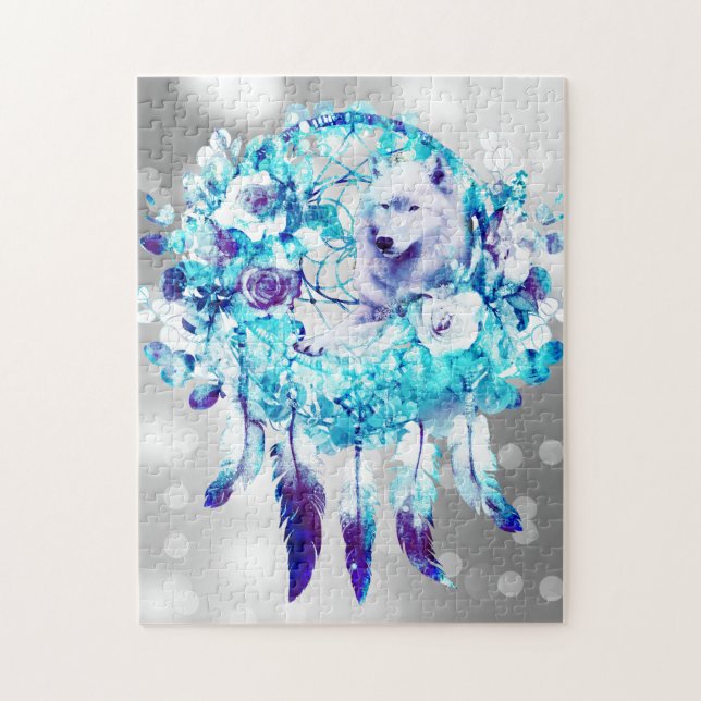White Wolf Dreamcatcher Purple Blue Floral Jigsaw Puzzle (Vertical)