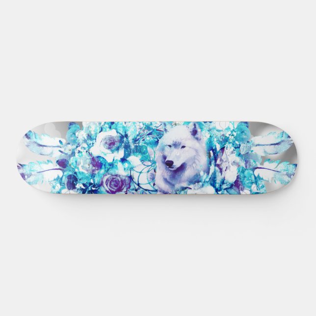 White Wolf Dreamcatcher Purple Blue Floral Skateboard (Horz)
