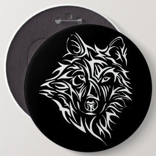 White Wolf Head on Black 6 Inch Round Button