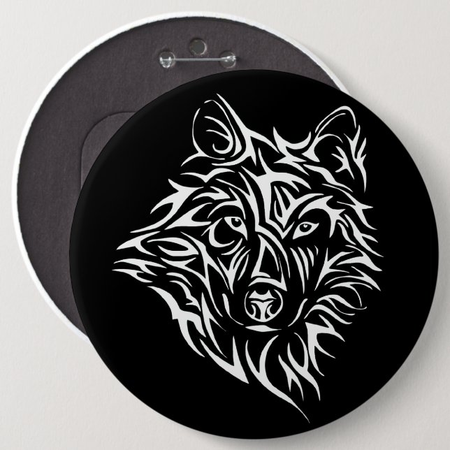 White Wolf Head on Black  6 Inch Round Button (Front & Back)