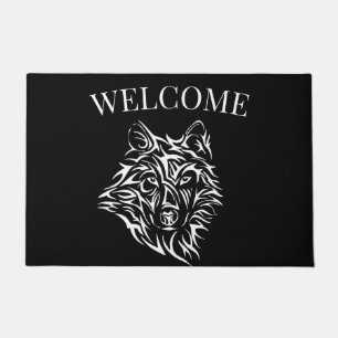 White Wolf Head on Black  Doormat