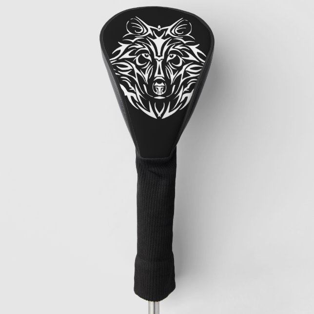White Wolf Head on Black Golf Head Cover (Front)