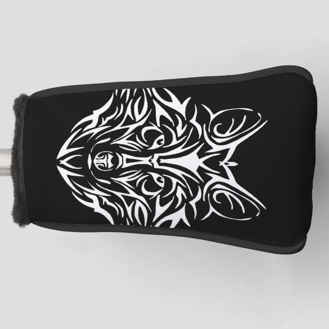 White Wolf Head on Black  Golf Head Cover (Front)