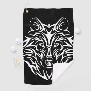 White Wolf Head on Black  Golf Towel